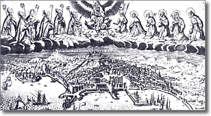 antica veduta di Napoli con in alto la Vergine Maria e i Santi patroni